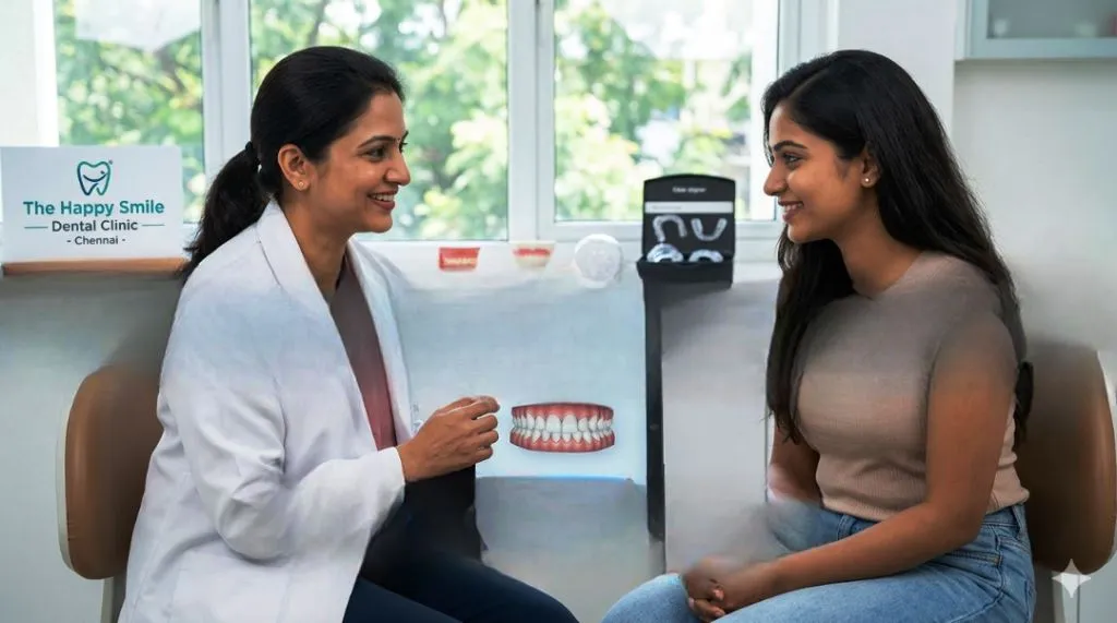 Smile transformation journey featuring clear aligners for teeth straightening in Chennai