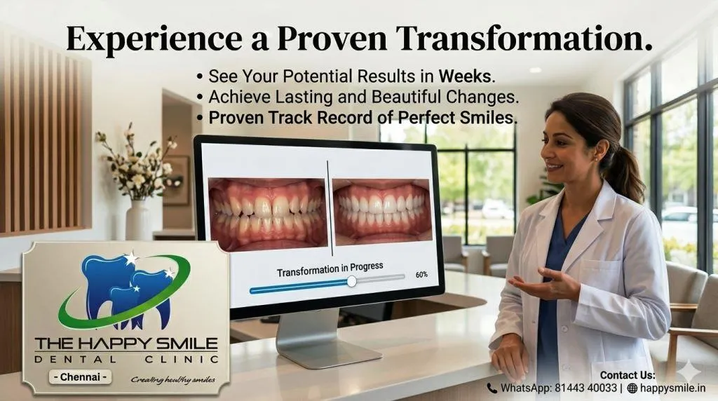 Before and after teeth straightening results with invisible braces at The Happy Smile Dental Clinic