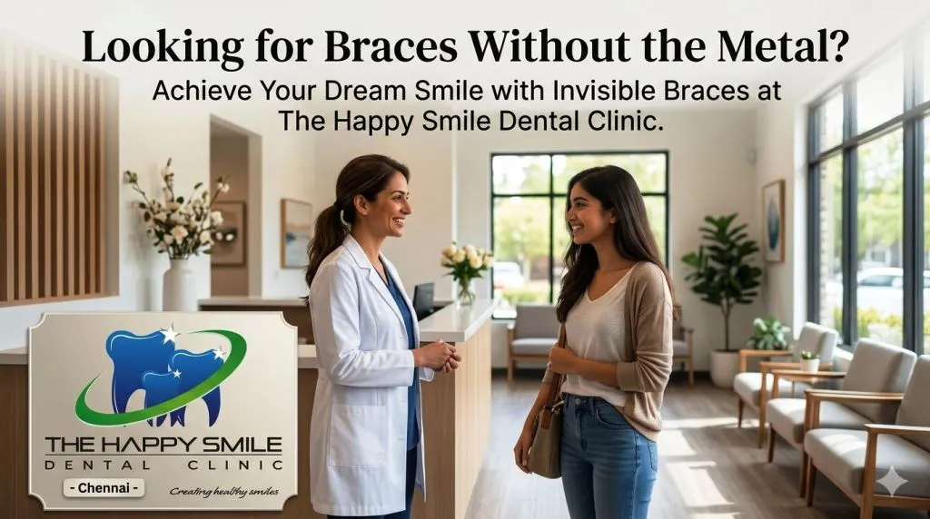 Friendly female dentist at The Happy Smile Dental Clinic Chennai explaining invisible braces treatment to a smiling patient